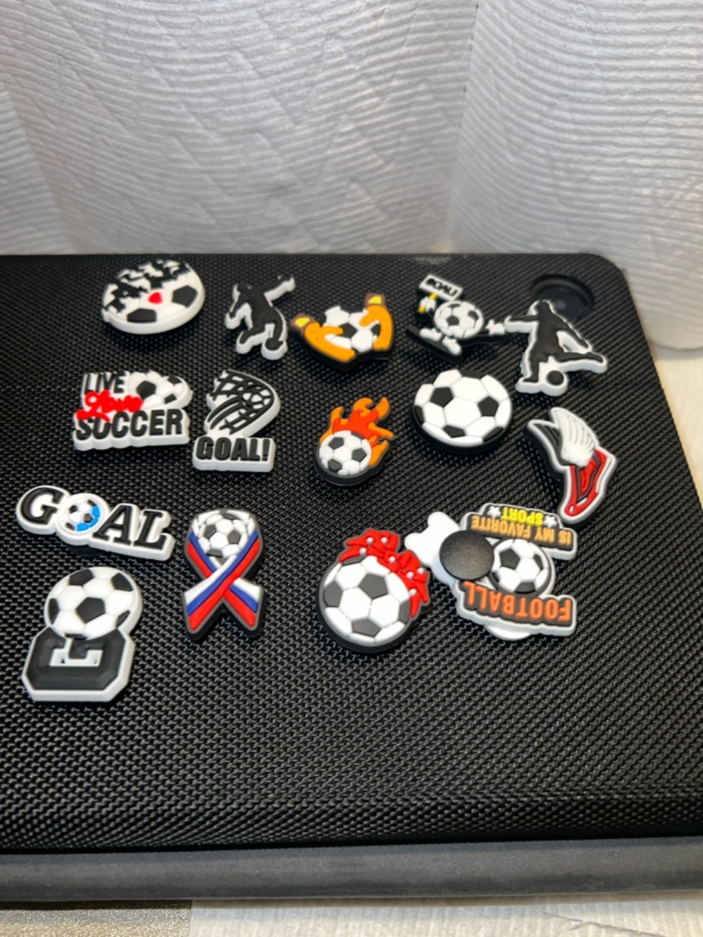 Soccer Themed Shoe Charms - Black White Red Accent